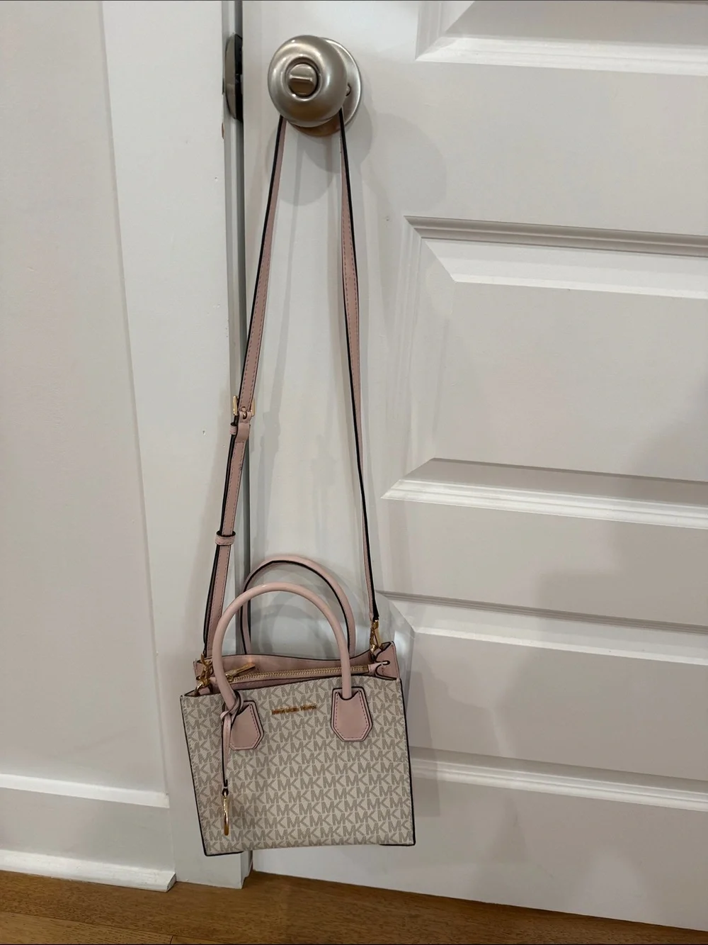 Michael Kors Beige and Pink MK Signature Satchel with Shoulder Strap